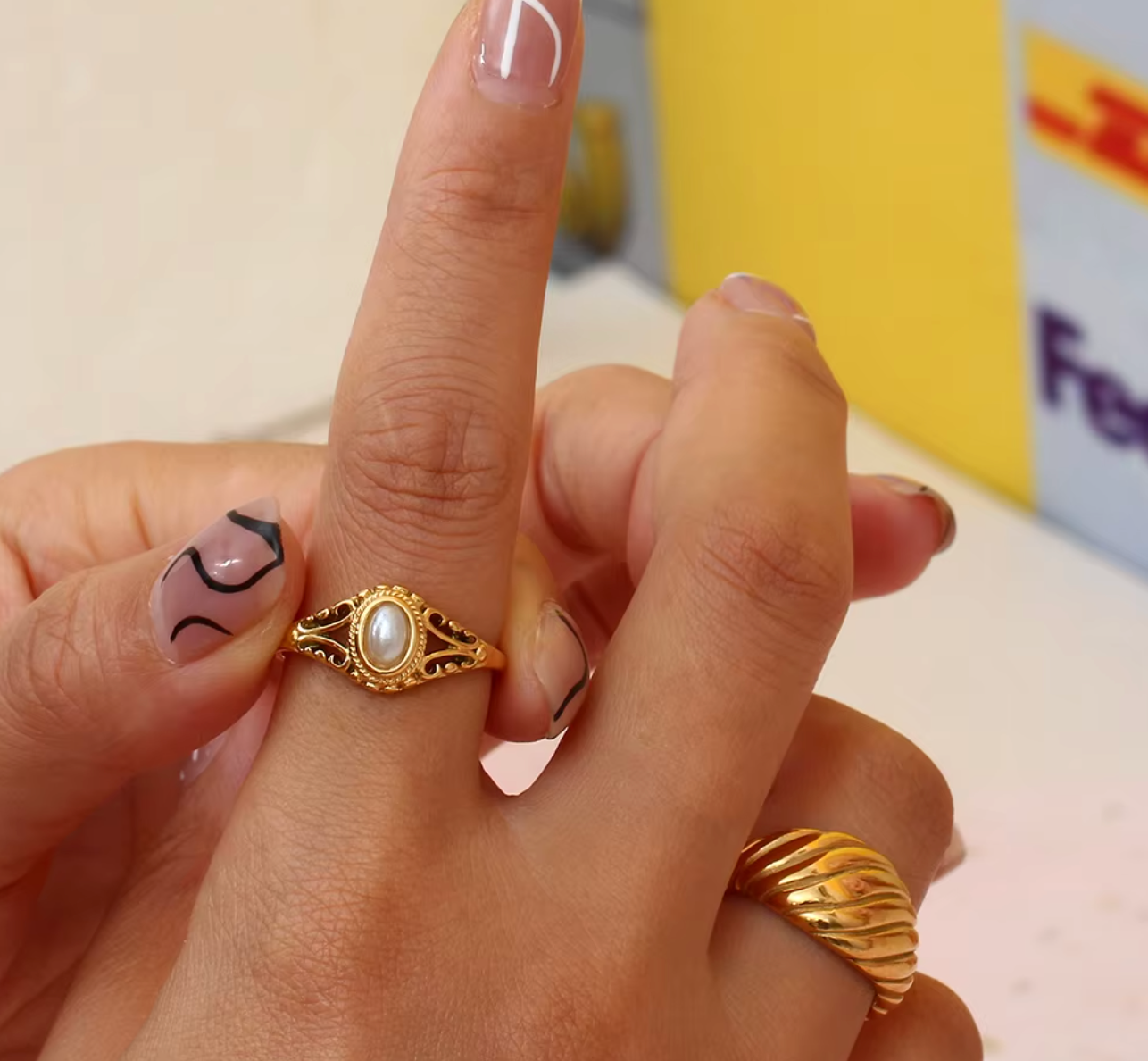 E.B.belle Thin 18K Gold Plated Pearl Ring